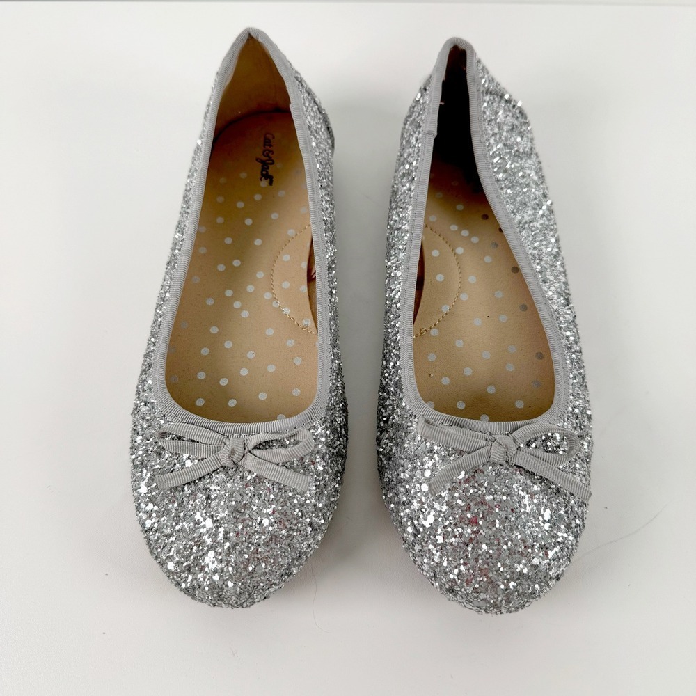 Cat & Jack Glitter Ballet Flats Kids 4 Silver Bow Sparkly Dress Shoes Formal